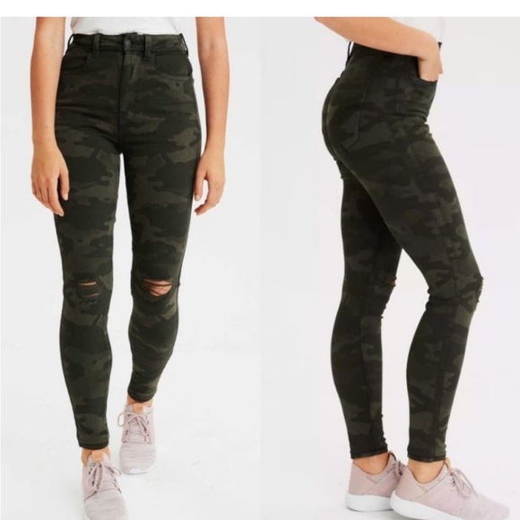 American Eagle Outfitters AEO Camo Green Ripped Stretch High Waisted Jeans - Picture 3 of 10